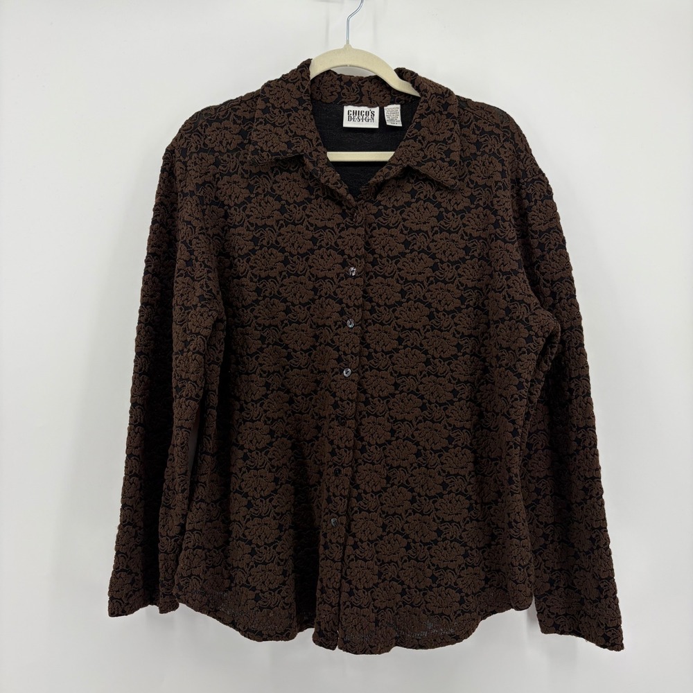 Chicos Design Button Down Shirt Brown Women Size L Textured Floral Lace Vintage